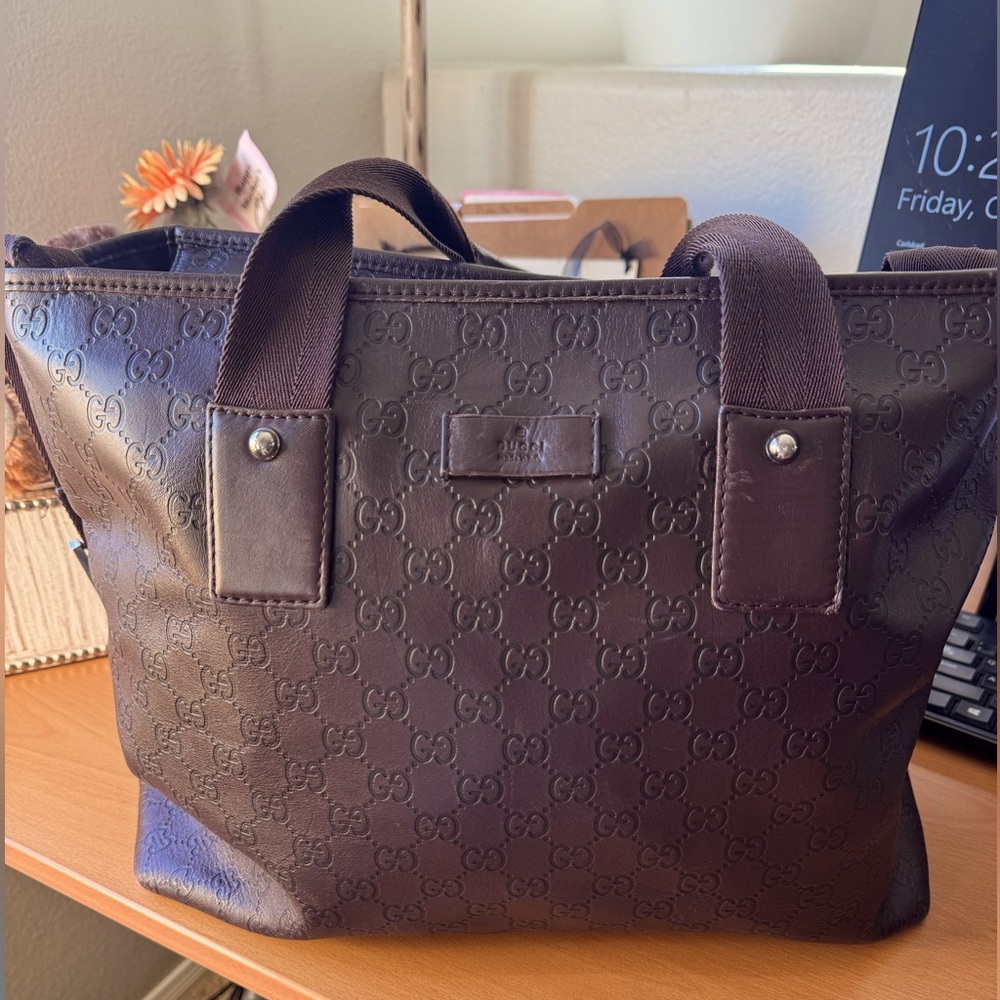 Gucci Small Brown All-Leather GG Monogram Duffel/Weekender Bag